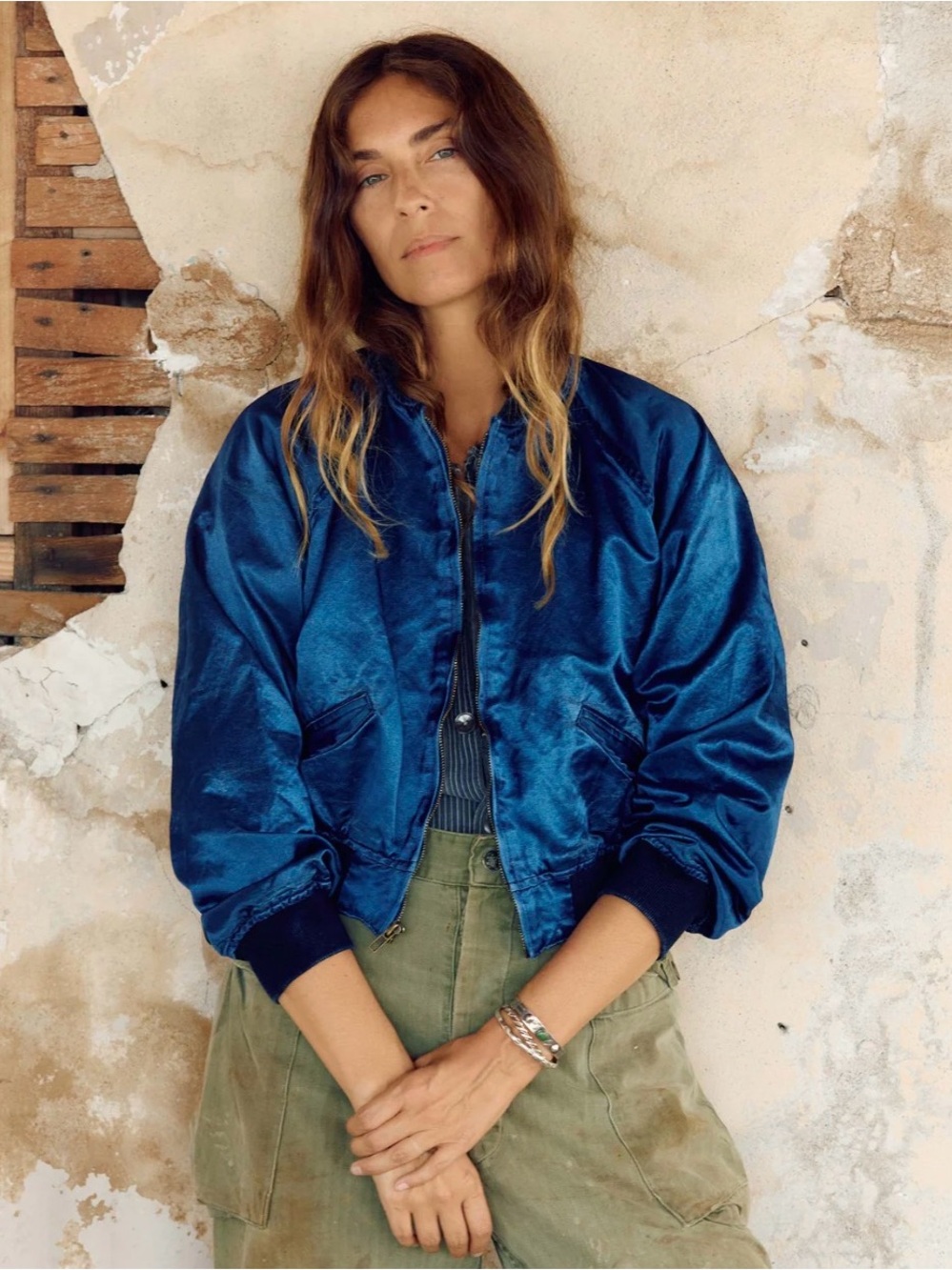 imogene + willie Deep Blue Satin Bomber Jacket NWOT - Picture 1 of 6